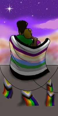A-spcetum flag draped over two individuals watching the sunset